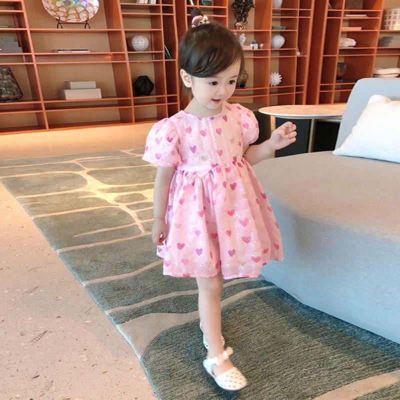 Đầm Công Chúa Tay Ngắn In Hình Trái Tim Se7en Cho Bé Gái