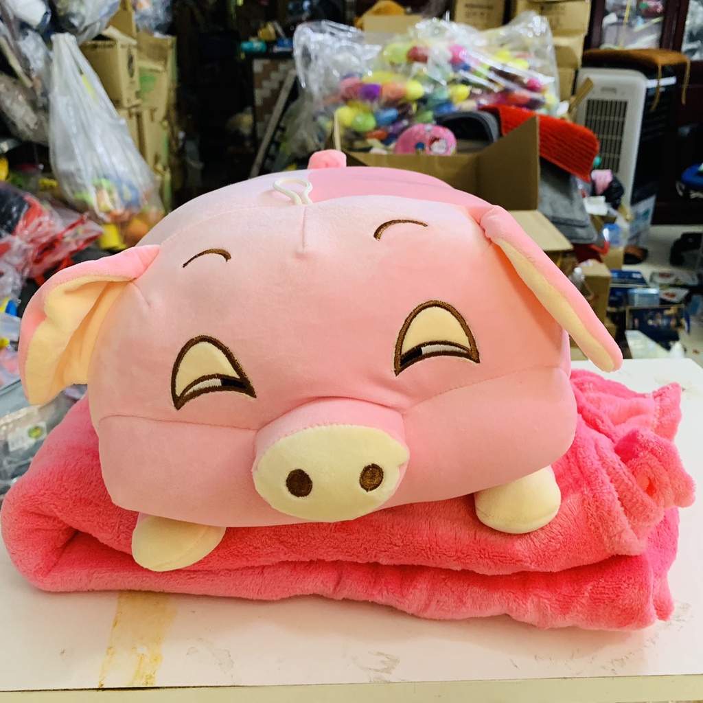 Combo Gấu bông 50cm kèm chăn(mền) hình bé heo - chuột vải nhung mịn bông êm dễ thương- hàng cao cấp