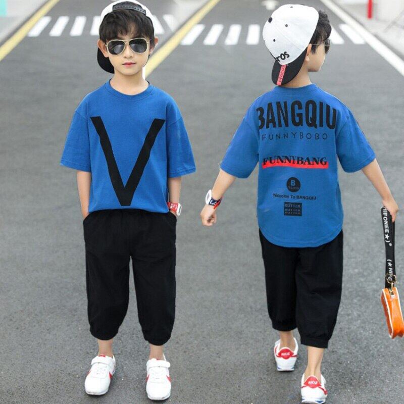 Set Áo Thun In Chữ &amp; Quần Short Cotton Cho Bé Trai 5-12 Tuổi