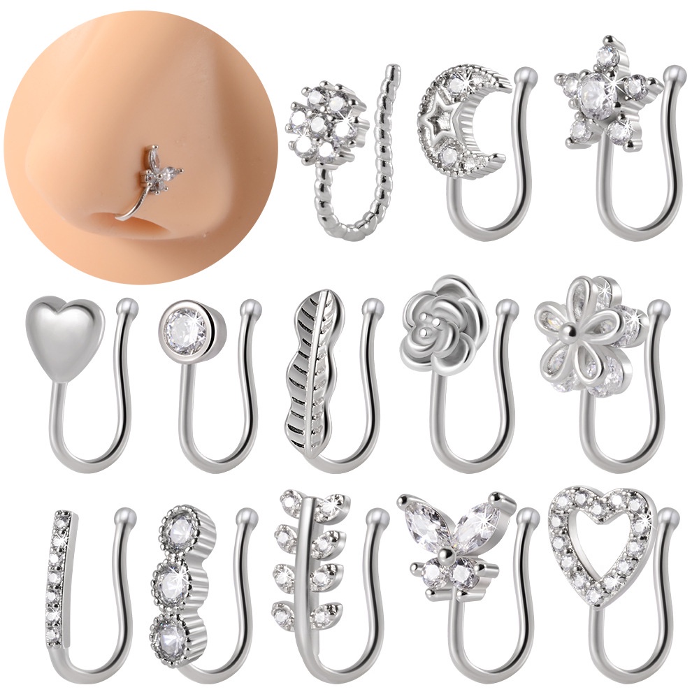 Khuyên Kẹp Mũi Bằng Đồng Hình Hoa Lá Trái Tim Không Cần Bấm Lỗ