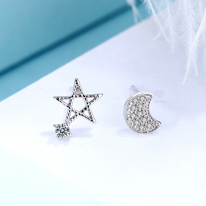 Bông tai hình trăng và sao bạc 925 hàng hộp sang trọng khuyên tai Bella925 YC110