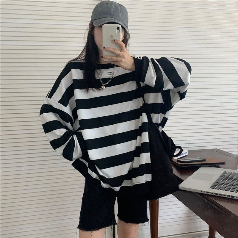 Áo sweater Dáng Rộng Họa Tiết Kẻ Sọc Thời Trang Mùa Thu Hàn Quốc 2022 Mới