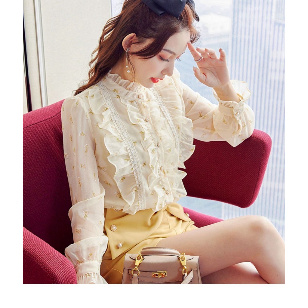 Áo Sơ Mi chiffon Tay Dài Cổ Đứng Phối Bèo Form Rộng In Họa Tiết Phong Cách Pháp Thời Trang Mùa Xuân Cho Nữ