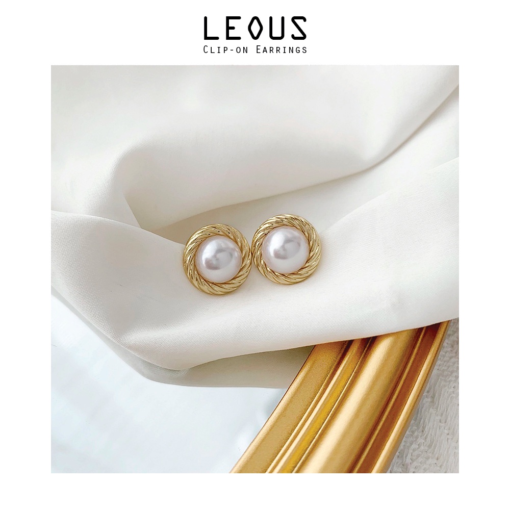 Khuyên tai kẹp không bấm lỗ chốt cố định K127 bằng hợp kim mạ vàng hình tròn hạt trai dáng ngắn Leous Accessories
