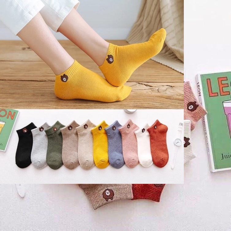 Combo 10 đôi tất gấu cổ ngắn họa tiết - tặng kèm túi đựng