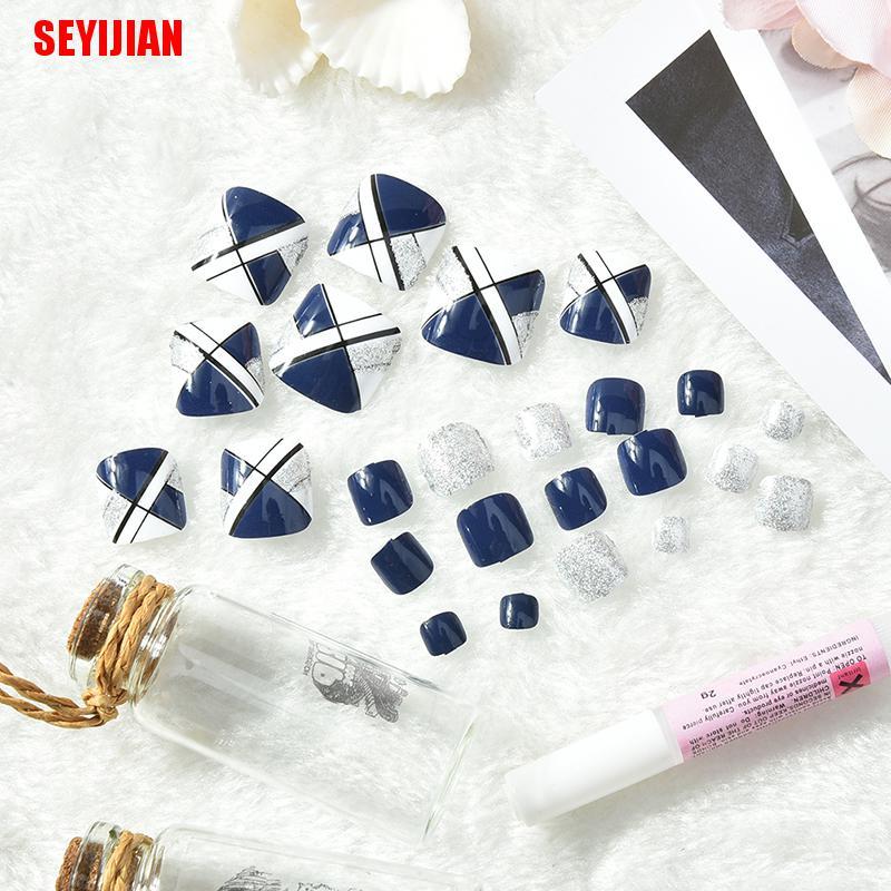(Hàng Mới Về) Bộ 24 Móng Chân Giả Màu Xanh Dương Kèm Keo Dán