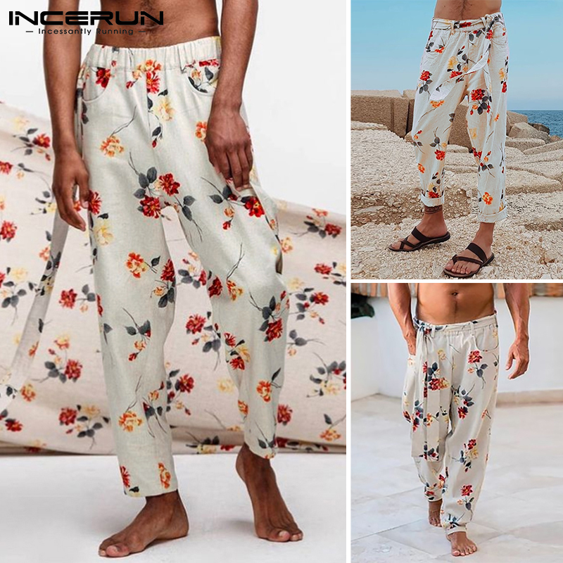 Quần Dài INCERUN Lưng Thun Dáng Rộng In Hoa Phong Cách Cổ Điển Cho Nam
