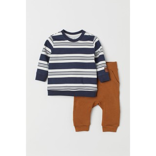 Set quần áo nỉ kẻ navy đậm HM H&M sz 2-3, 3-4y_hàng chính hãng authentic