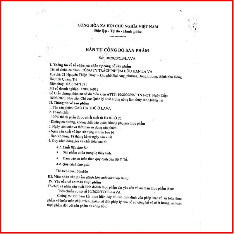 Cao Hà Thủ Ô Lava nguyên chất 50ml