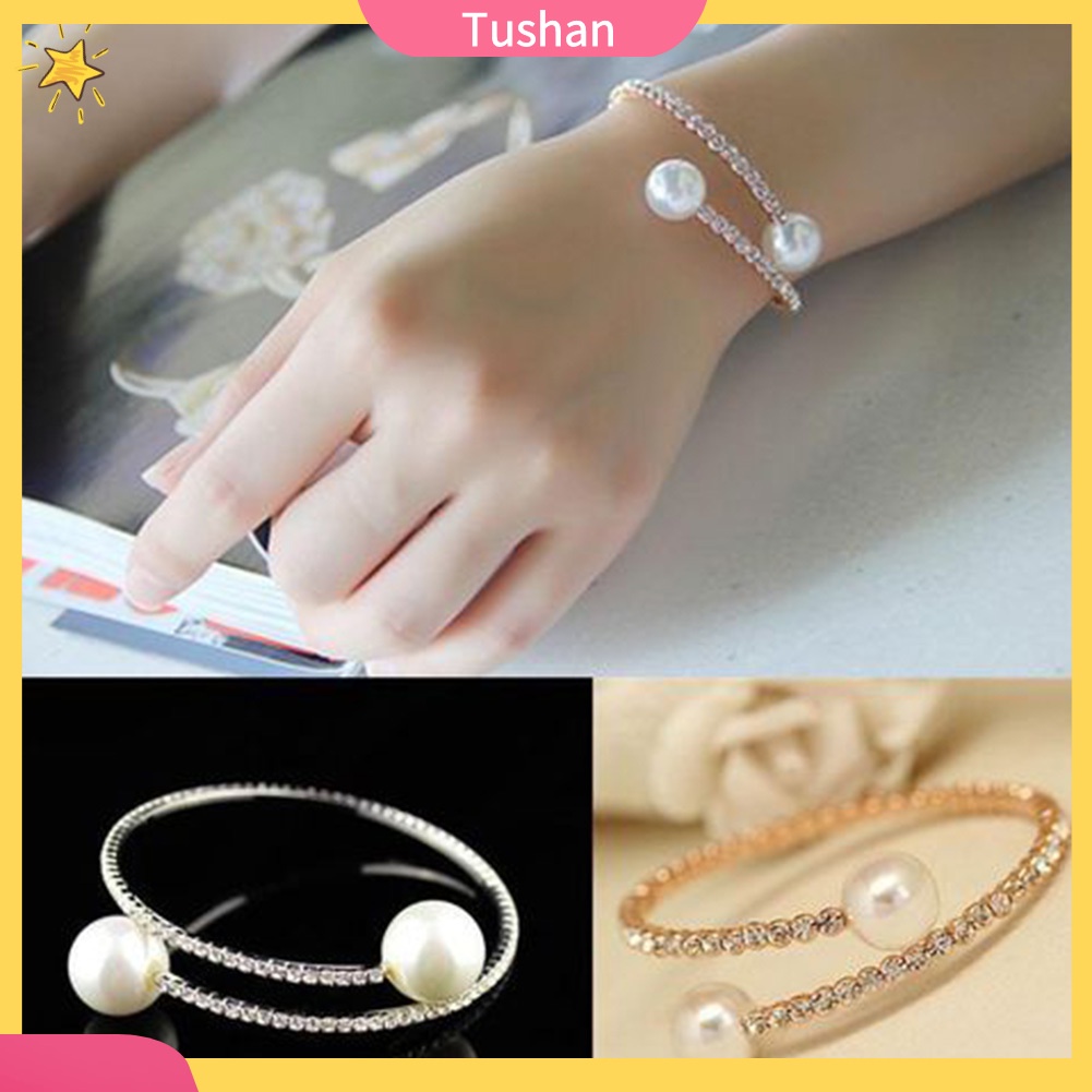 Vòng tay hở dát ngọc trai và kim cương giả sang trọng cho nữ