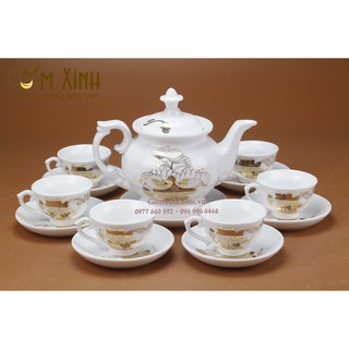 Ấm chén Bát Tràng_Bộ bình trà Phú Quý sen khóm vàng kim