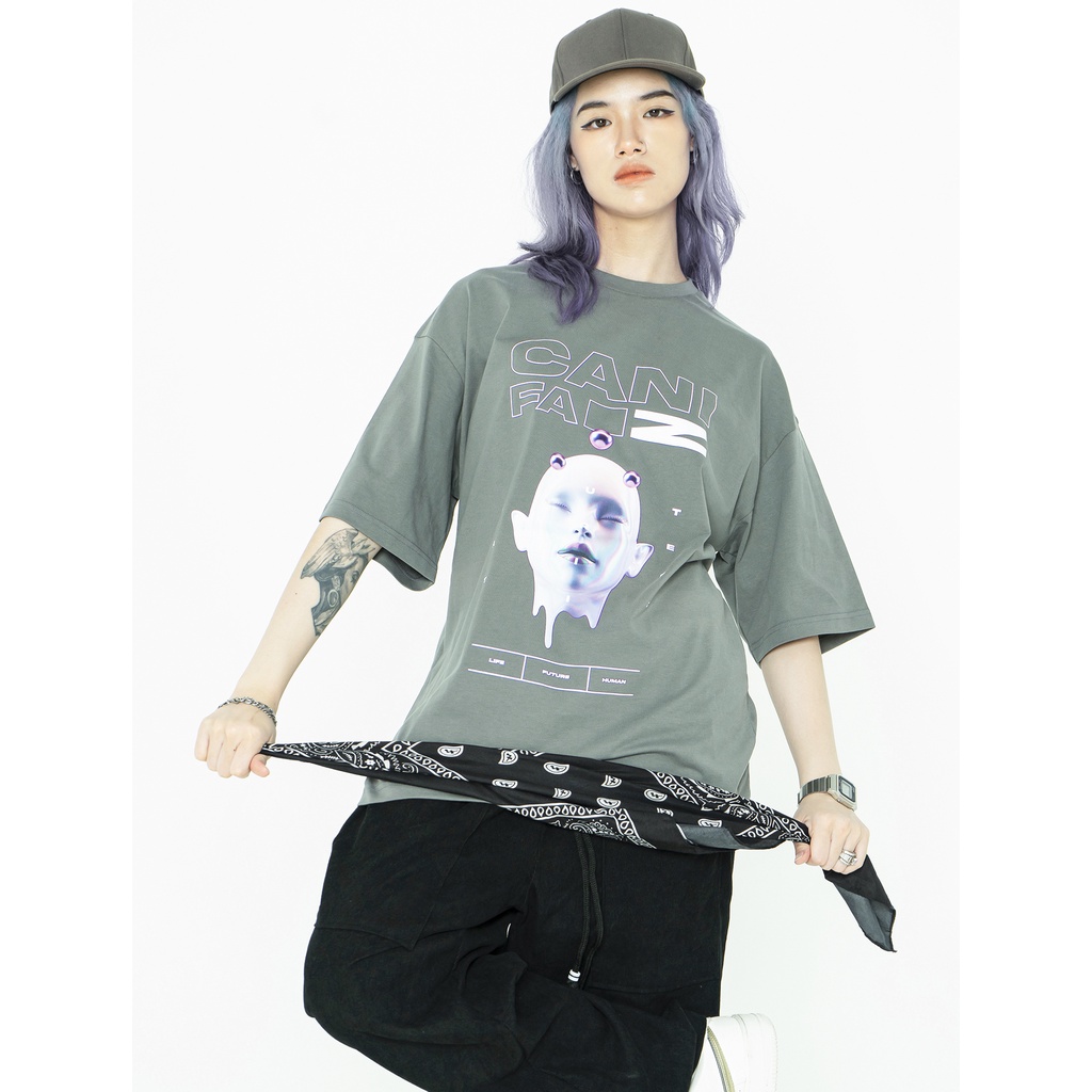Áo phông tay lỡ CANIFAZ dáng unisex oversize cổ tròn cotton màu đen xám hình in Metaverse - 5TS22S019