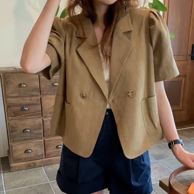 Áo Khoác Blazer Mỏng Tay Ngắn Phồng Phong Cách Retro Hàn Quốc Cho Nữ