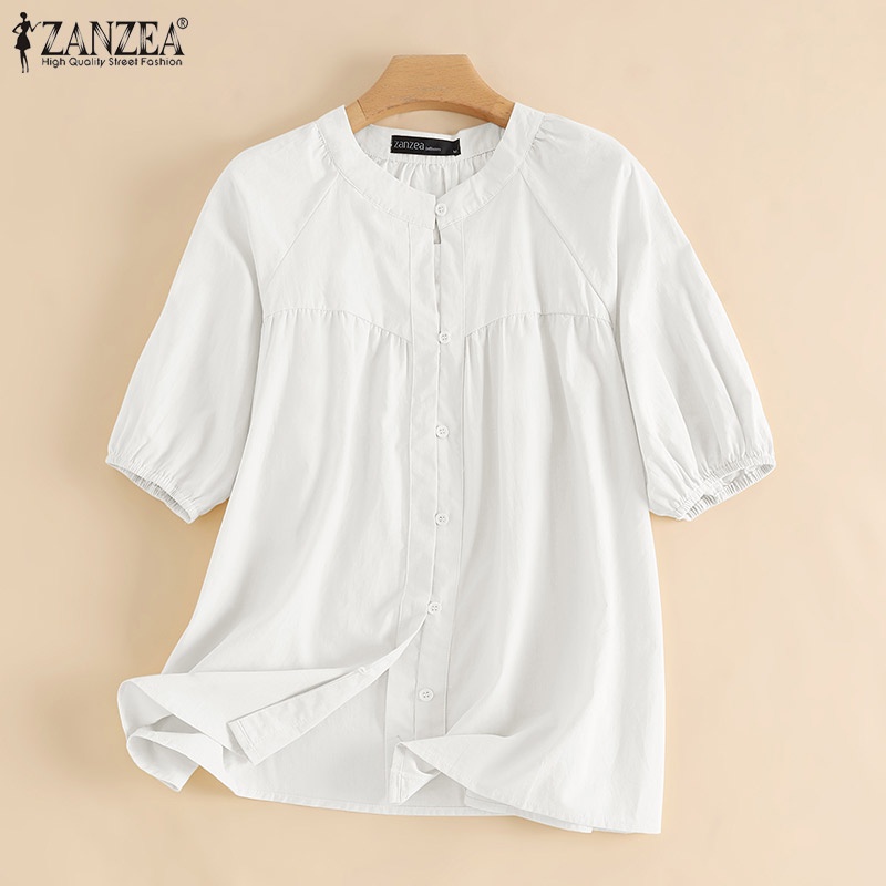 Áo kiểu ZANZEA tay lửng cổ tròn xếp ly cài nút thời trang tùy chọn màu sắc dành cho nữ