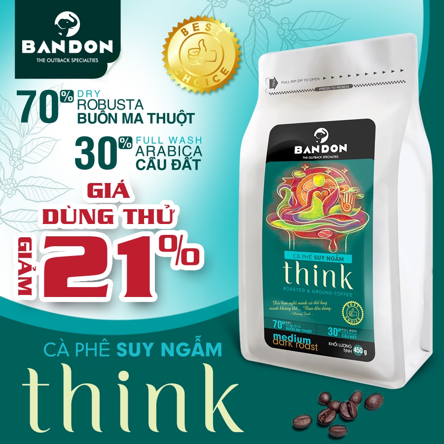 Cà phê phin nguyên chất rang xay mộc sạch BANDON THINK đắng dịu, thơm ngát 30% Arabica Cầu Đất 70% Robusta Buôn Ma Thuột