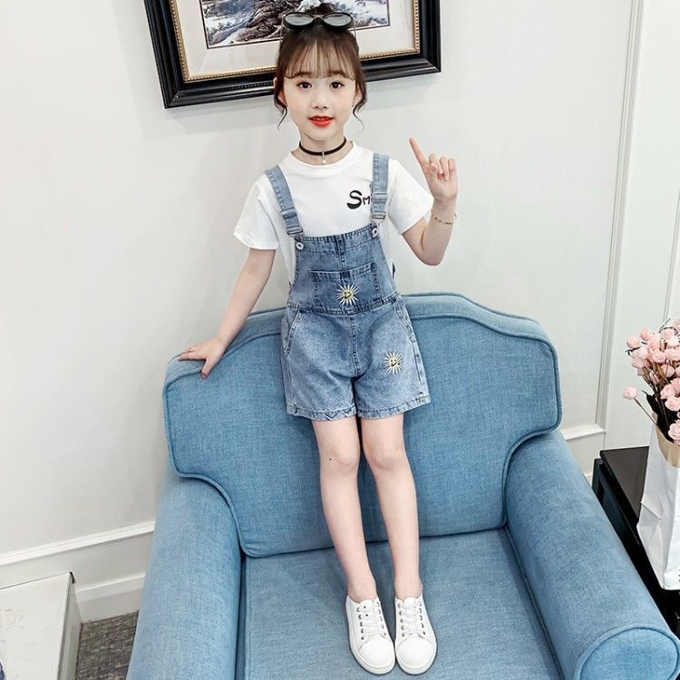 Set Áo Thun Ngắn Tay Cổ Tròn + Quần Yếm Ngắn Thời Trang Hè Mới Cho Bé Gái