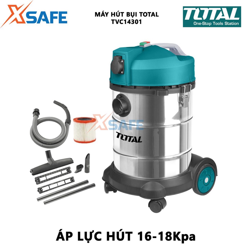 Máy hút bụi TOTAL TVC14301 1400W hút bụi khô và ướt, dung tích 30L, bình chứa thép không gỉ, dây cáp nguồn 2.3m - XSAFE