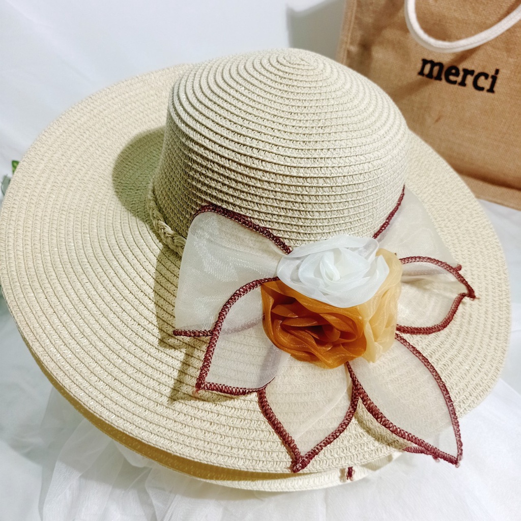 Nón cói/mũ cói nữ đi biển vành rộng phối hoa bản to rực rỡ sang chảnh hình chụp thật-vành rộng hoa to