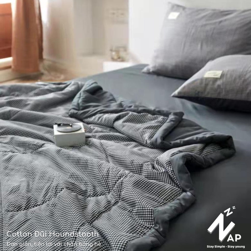 Bộ Chăn Chần Ga Gối 4 Món Cotton Đũi Caro Kẻ Đen Vintage Tối Giản Thoáng Mềm Size m6 m8 2m2 Napbedding