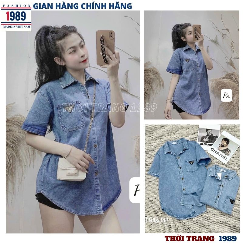 Áo sơ mi bò trơn cộc tay form rộng dấu quần dáng suông có lô gô tam giác kiểu dáng hàn quốc ulzzang -PHƯƠNG 1989