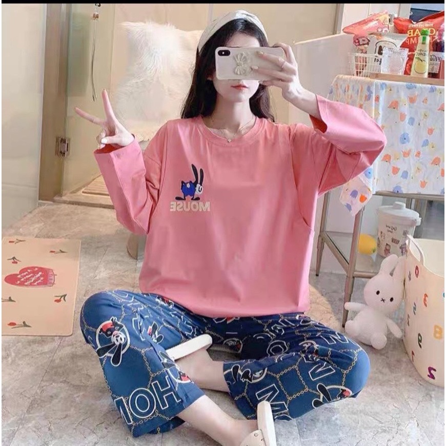 Bộ đồ bầu mặc nhà hình Chuột, Bộ bộ sau sinh chất cotton phong cách trẻ trung, năng động