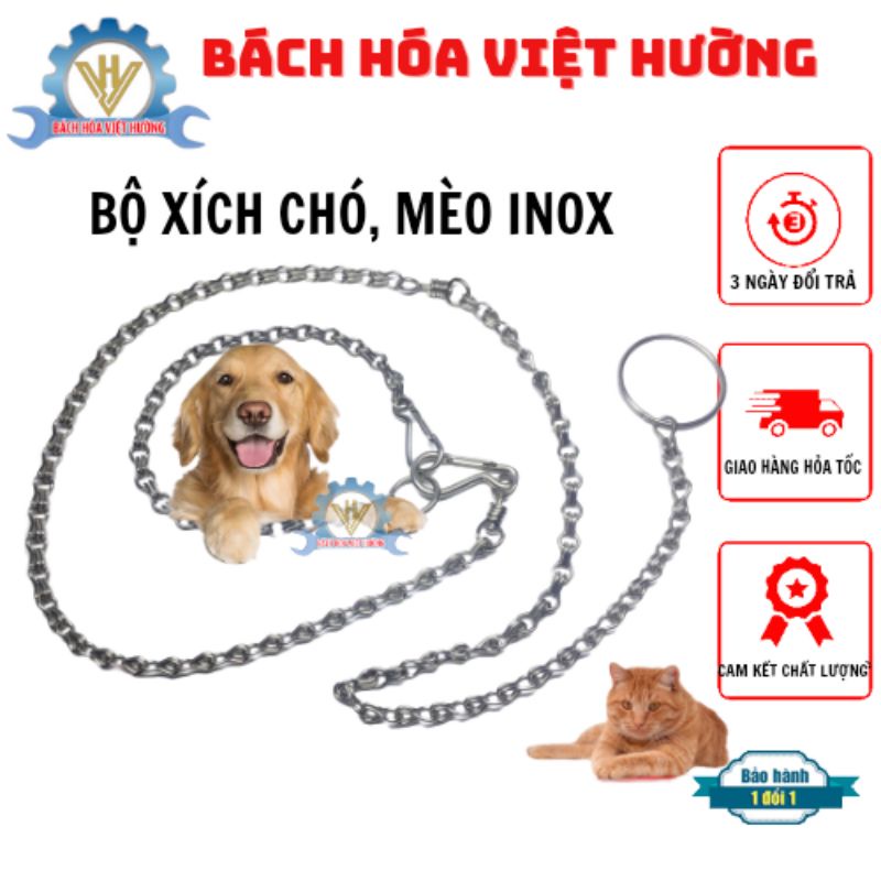 Bộ Xích chó, mèo bằng inox 304 chống gỉ 4 size đủ kích thước bền bỉ, chắc chắn (bộ xích gồm 1 dây xích và 1 vòng cổ)