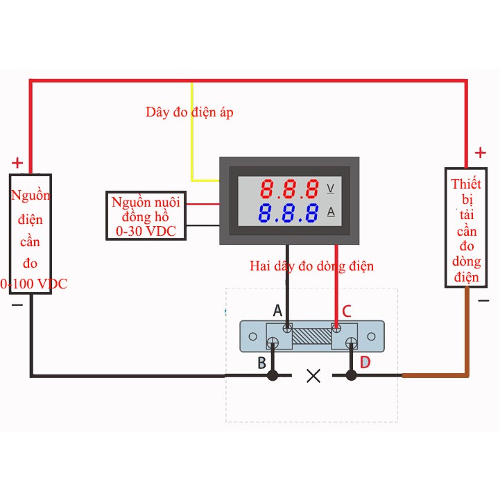 Đồng hồ led đo dòng điện - điện áp 0-100 VDC 10A