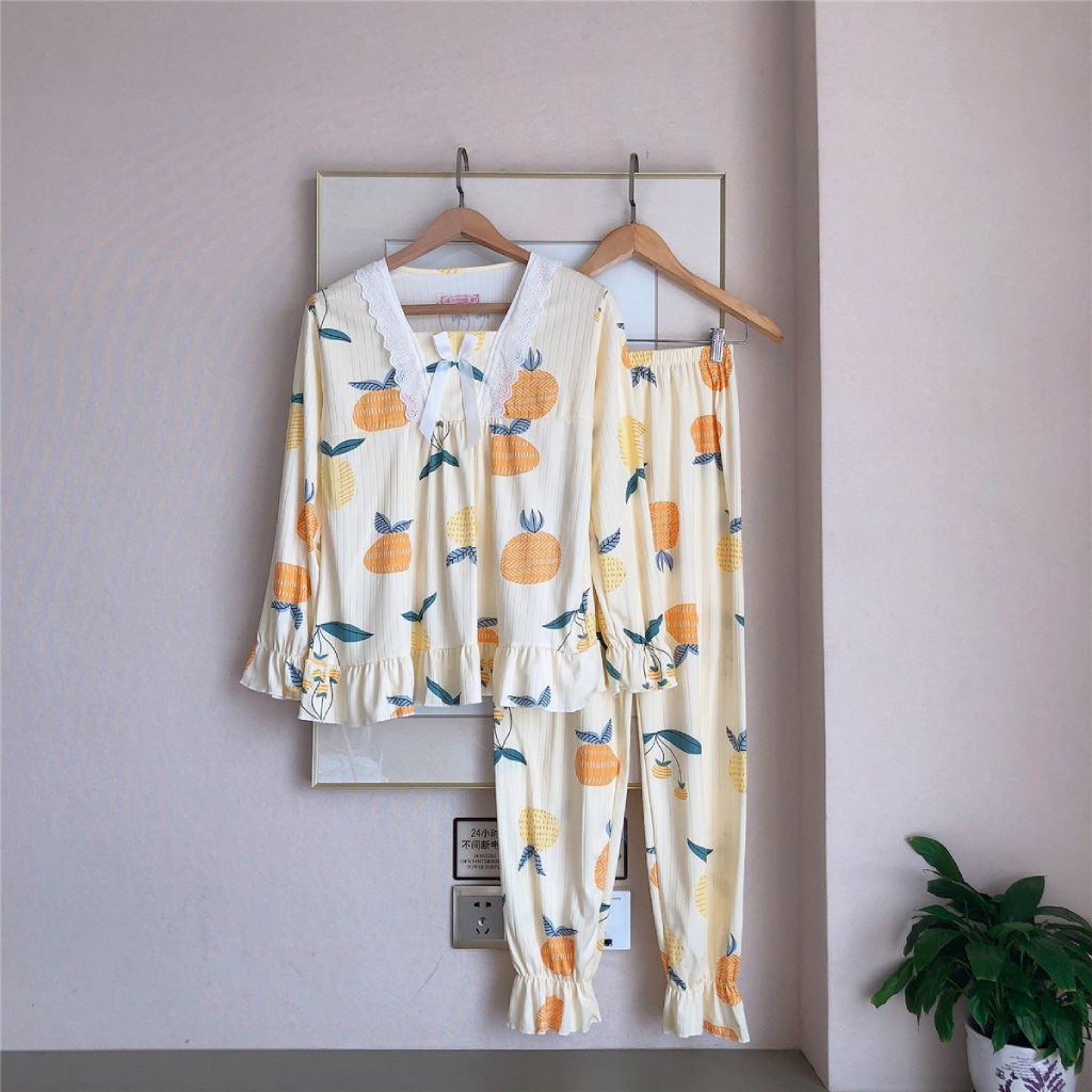 Đồ ngủ - Bộ ngủ - Đồ bộ cao cấp Tiệm nhà Bokk cotton dài tay kiểu babydoll  cổ ren tay bo chun hình quả cam đáng yêu | BigBuy360 - bigbuy360.vn