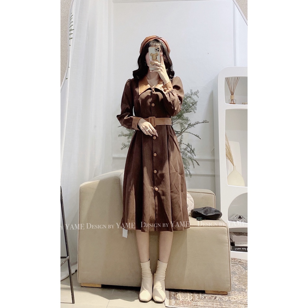 Váy nhung phối da nâu dáng dài cổ sơ mi kèo đai belt cực tôn dáng YAME