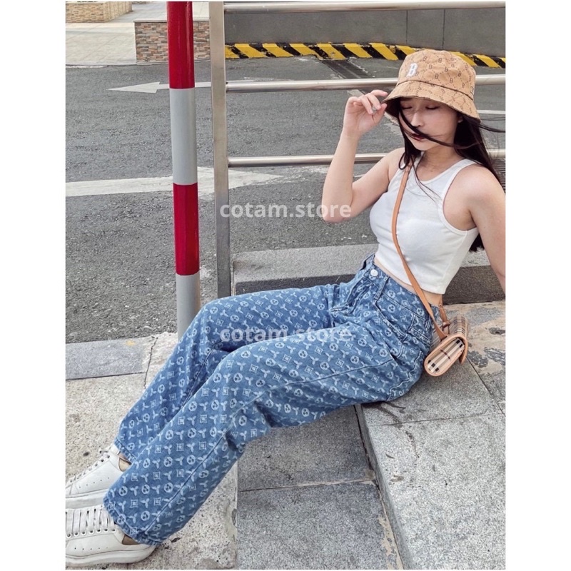 Quần Ống Rộng Lv Hot Trend Nữ - Quần Jean Ống Rộng Cạp Cao