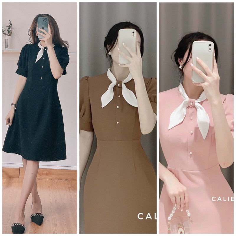 Váy đen tay bồng cổ dây nơ