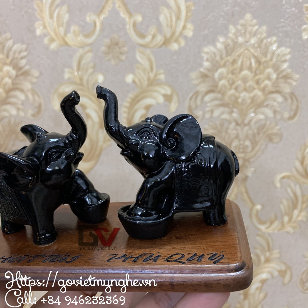 Set 2 tượng voi đá thỏi vàng trang trí quà tặng tân gia - Đế gỗ - Màu đen tuyền