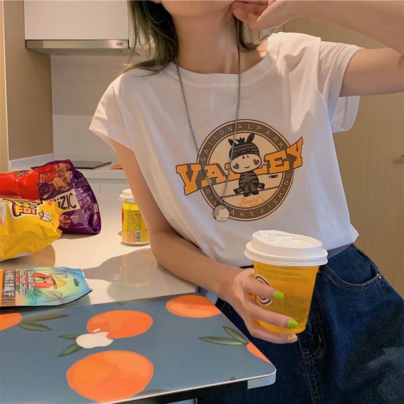 Áo Thun Sát Nách Dáng Rộng In Chữ Và Hoạt Hình Kiểu Hàn Quốc Thời Trang Mùa Hè Cho Nữ