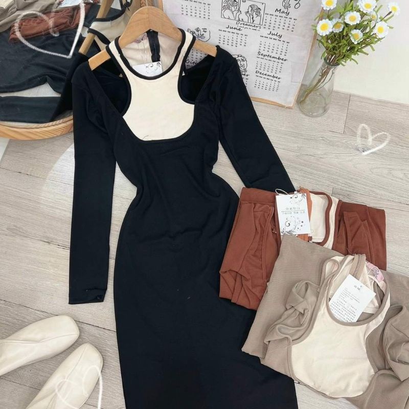 Đầm body cổ yếm phối màu