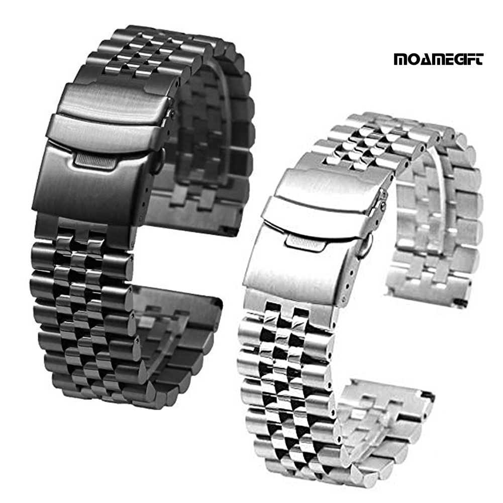 moamegift 20/22mm Adjustable Stainless Steel Solid Double Clasp Bead Watch Strap Wristband