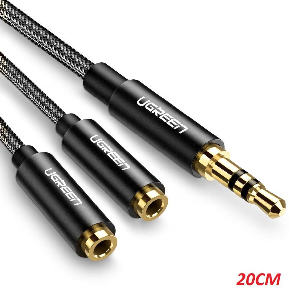 Cáp chia 3.5mm Stereo chữ Y đầu bọc nhôm mạ vàng 24k chống nhiễu AV123Ugreen 70102 20CM màu đen