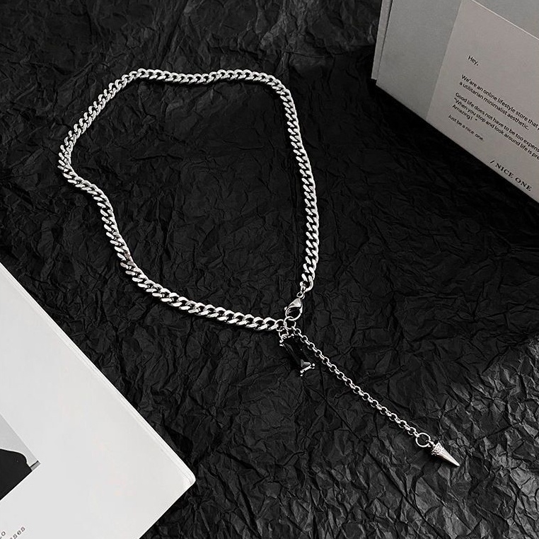 Dây Chuyền Thép Titan Chuỗi Dây Gắn đá màu đen Unisex - Vòng Cổ Phong Cách Hoang Dã Hip Hop Cho Nam Nữ