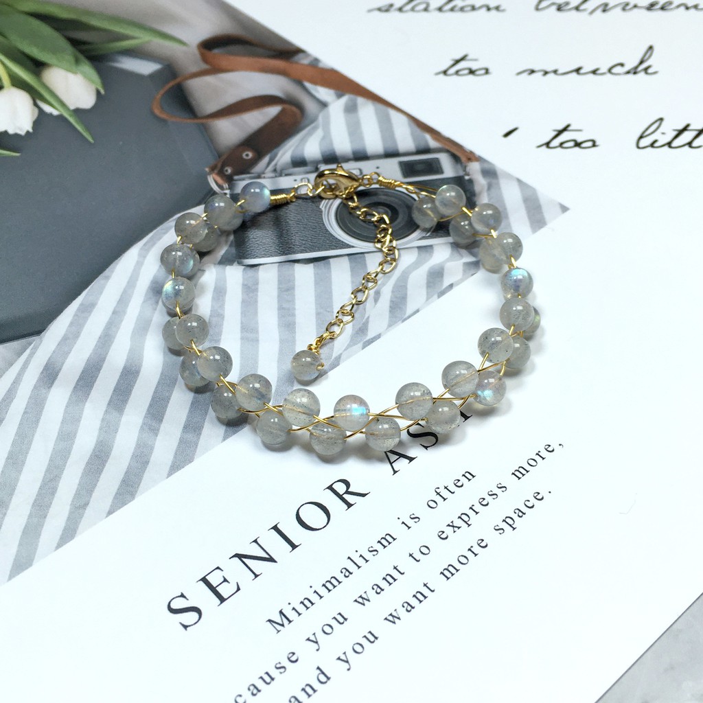 Vòng Tay Đá Mặt Trăng Tự Nhiên 14k Màu Xanh Dương / Vàng