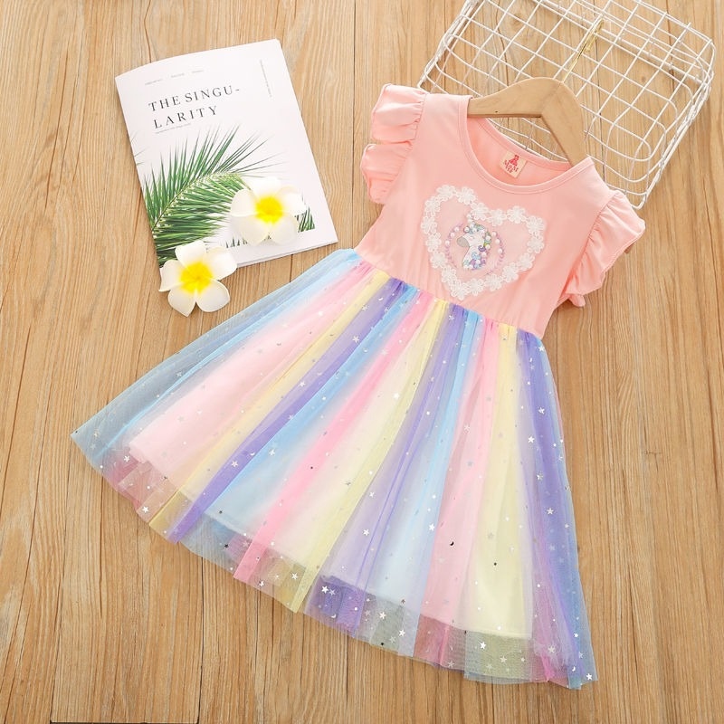 Đầm công chúa phối lưới màu cầu vồng xinh xắn thời trang mùa hè cho bé gái