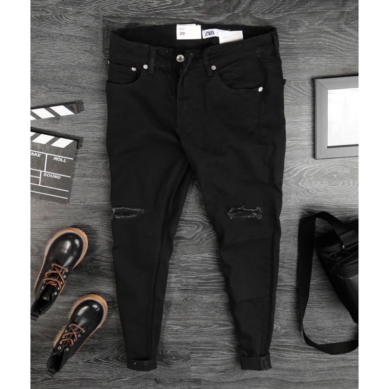 Quần jean nam, quần bò nam rách gối, màu đen trơn, dáng Slimfit thoải mái vận động QD012 - K.A Jeans