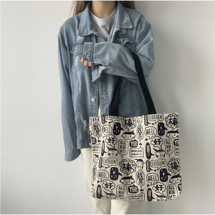 Túi tote túi vải đeo vai nhật bản giá rẻ chất vải canvas màu be đi học đi chơi - XUONGMAITNT