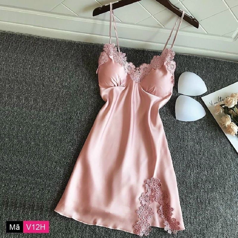 Đầm ngủ viền ren hai dây chất lụa siêu mát, váy ngủ gợi cảm