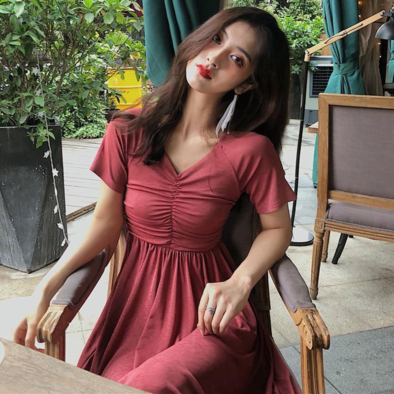 Đầm maxi cổ chữ V màu trơn phong cách Hàn Quốc thanh lịch cho nữ | BigBuy360 - bigbuy360.vn