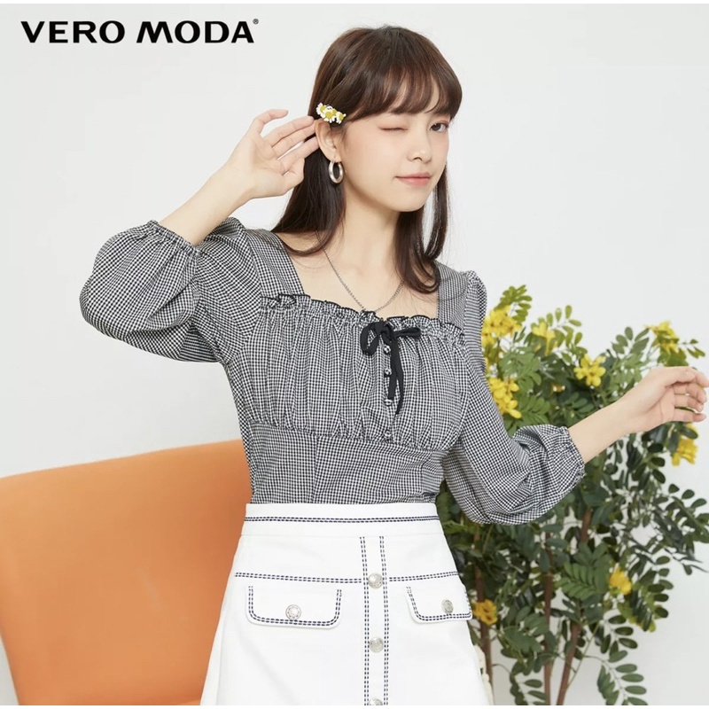 Vero Moda áo tay phồng cổ vuông màu kẻ sọc đen size S new tag
