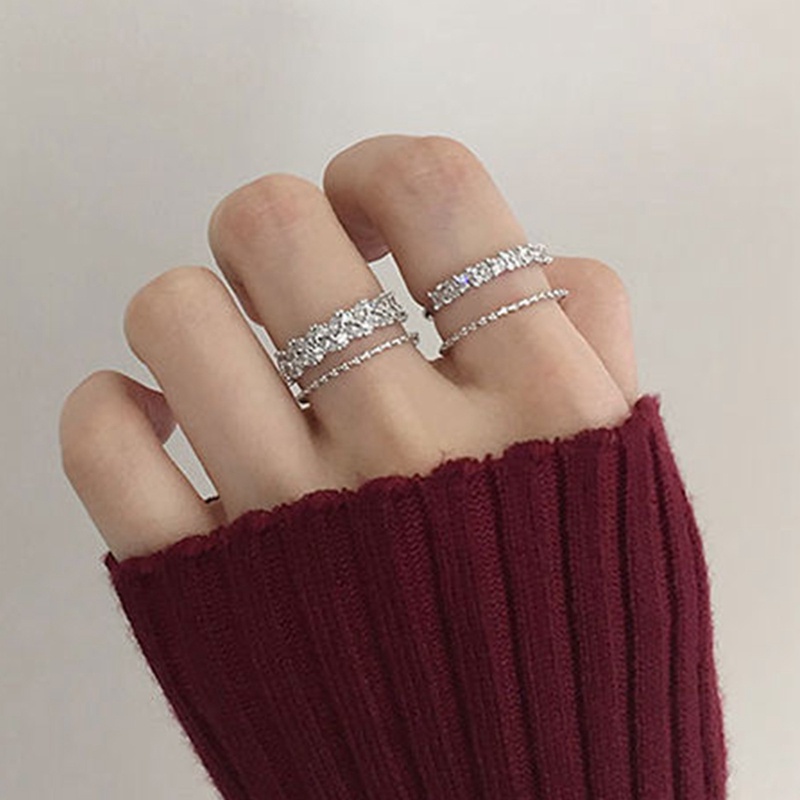 Nhẫn Hở Hình Chiếc Lá Hai Lớp Màu Bạc Đính Đá Zircon Phong Cách Hàn Quốc