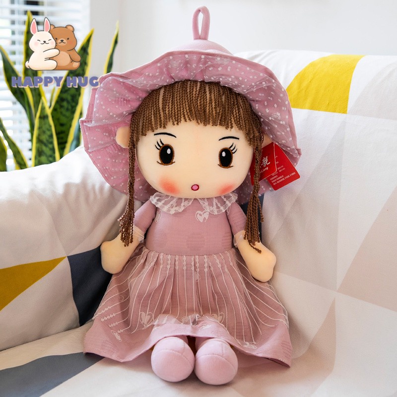 Đồ chơi gấu bông búp bê vải có tóc váy thô mềm 2 lớp size 50/70cm, búp bê nhồi bông đáng yêu cho bé gái - Happy Hug