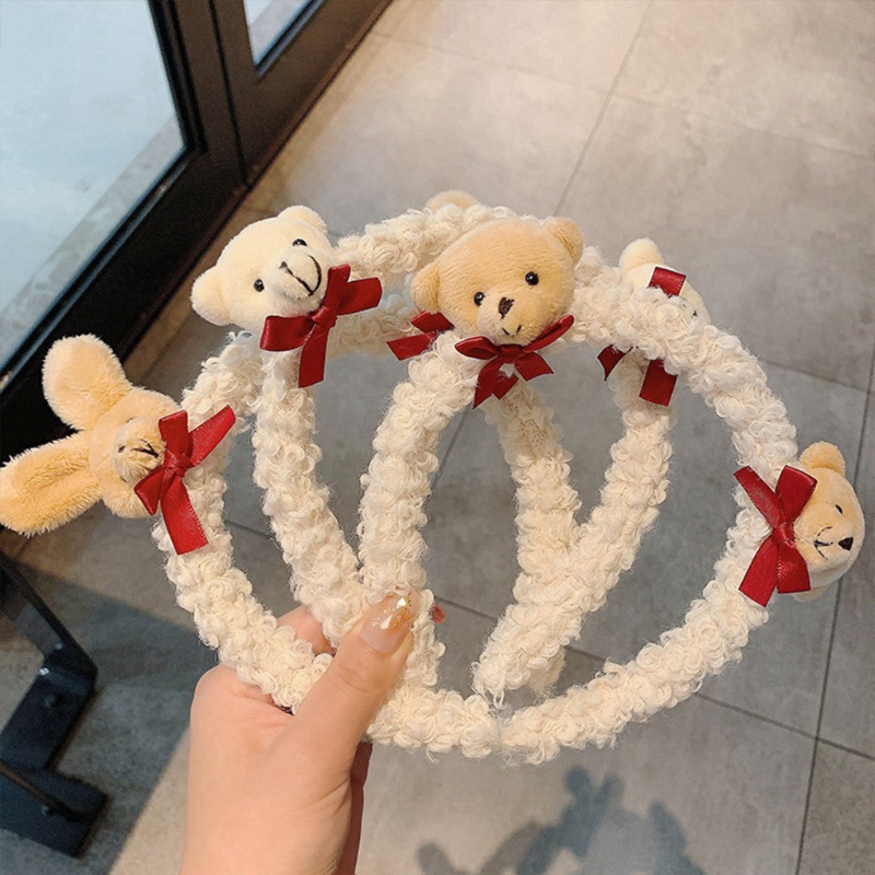 Flgo Băng Đô Cài Tóc Lông Thỏ Giả Mềm Mại Họa Tiết Gấu Hoạt Hình