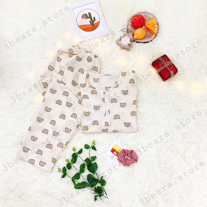 (Ảnh thật - 3bears.store tự chụp) Đồ bộ ngủ nữ dài chất đũi xốp phong cách Hàn Quốc (tay dài, cổ tròn, quần dài) | BigBuy360 - bigbuy360.vn