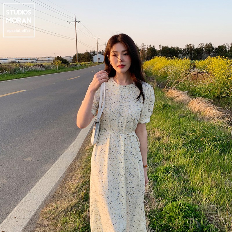 (ORDER) Váy MORAN hoa chấm bi tay phồng cổ tròn thắt nơ eo vintage nhẹ nhàng Hàn Quốc (NEW_HOT)