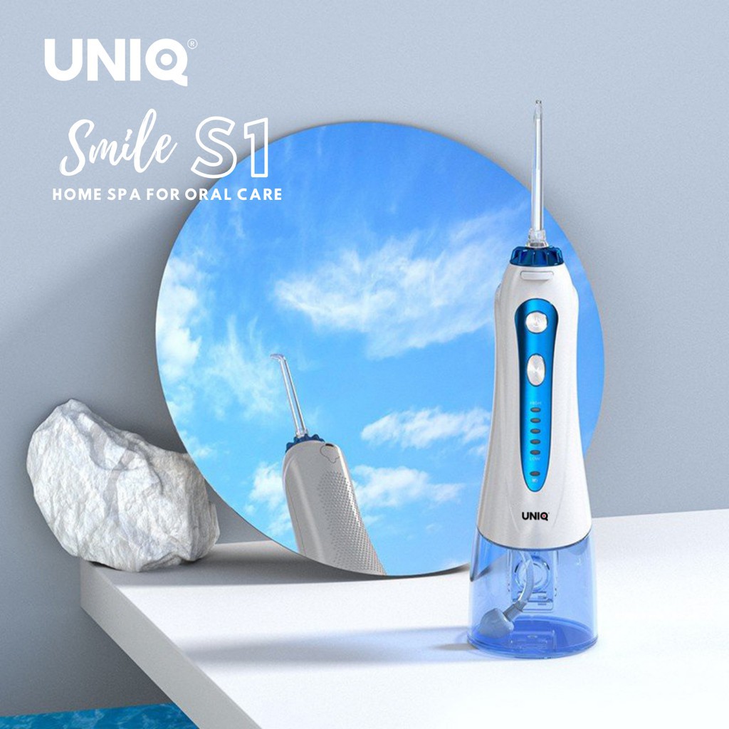 Tăm nước cầm tay UNIQ Smile S1 waterpik động cơ Nhật Bản siêu bền máy vệ sinh răng miệng xịt rửa làm sạch kẽ niềng 300ml